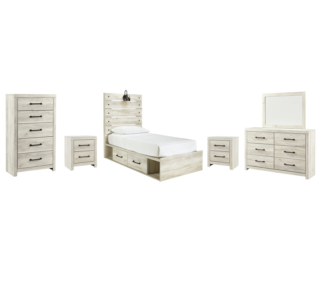 Cambeck Twin Panel Bed with 4 Storage Drawers with Mirrored Dresser, Chest and 2 Nightstands