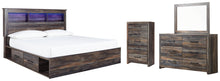 Load image into Gallery viewer, Drystan King Bookcase Bed with 2 Storage Drawers with Mirrored Dresser and Chest
