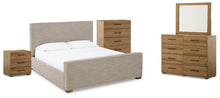 Load image into Gallery viewer, Dakmore Queen Upholstered Bed with Mirrored Dresser, Chest and Nightstand
