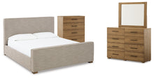 Load image into Gallery viewer, Dakmore King Upholstered Bed with Mirrored Dresser and Chest
